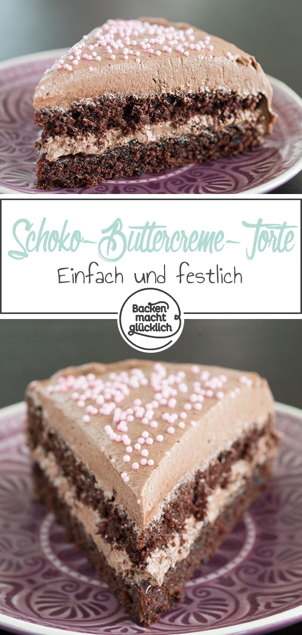 Genial einfacher Schokokuchen mit Buttercreme. Das Rezept für die Schokoladentorte ist super für Backanfänger geeignet. Mit der Buttercreme-Torte könnt ihr zum Beispiel als Geburtstagskuchen mächtig Eindruck schinden.