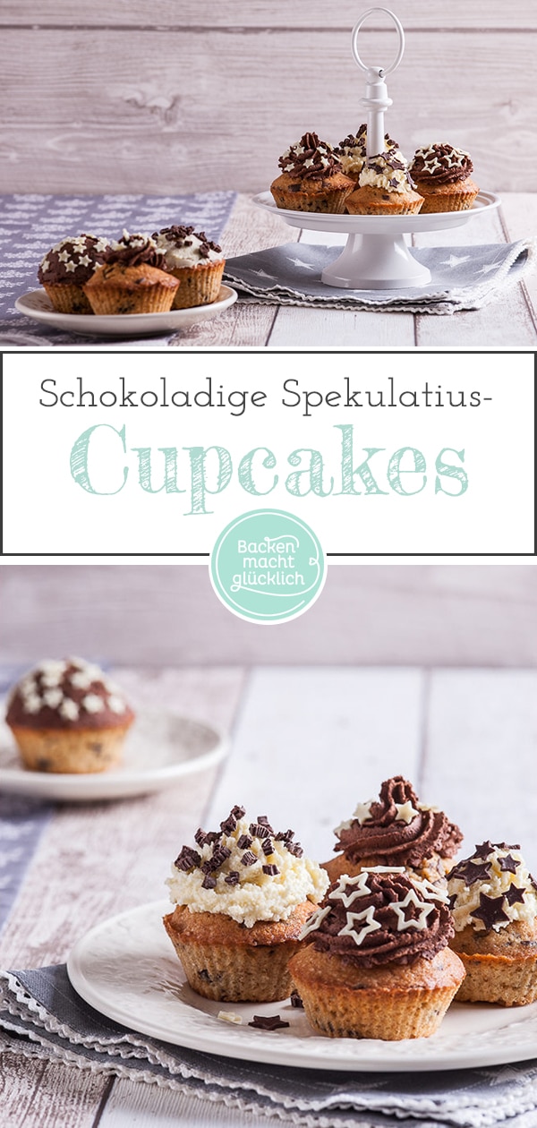 Diese Spekulatius-Cupcakes mit extra viel Schokolade im Teig, im Frosting und als Deko schmecken besonders im Herbst und Winter - für alle, die winterliche Gewürze wie Spekulatius, lieben! Die Spekulatius-Cupcakes mit Schokoladen-Topping machen einfach glücklich.