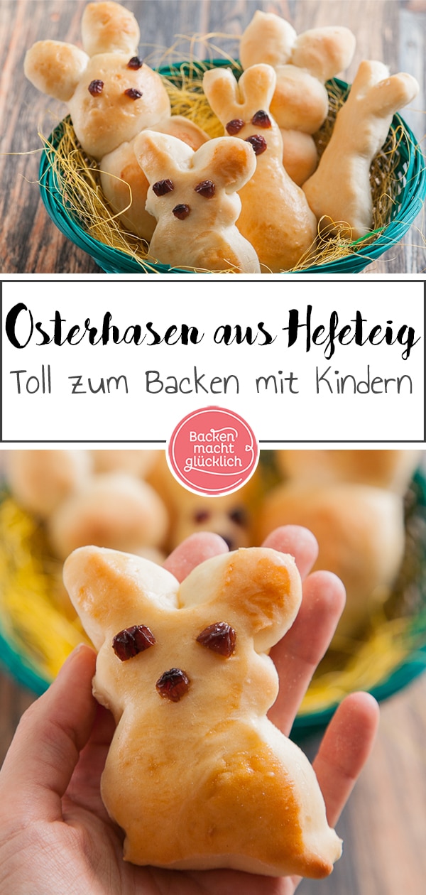 Diese Osterhasen aus gelingsicherem Hefeteig eignen sich wunderbar fürs gemeinsame Backen mit der Familie. Die Hefehasen schmecken garantiert allen.