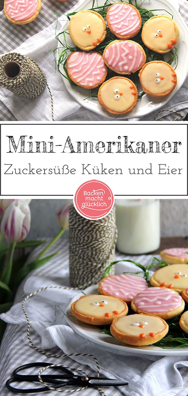 Mini-Amerikaner: Miniatur-Variante des beliebten Gebäcks, das man je nach Anlass z.B. wie rosa Ostereier und süße Küken dekorieren kann. Diese Amerikaner sind einfach zu machen und toll für Ostern.