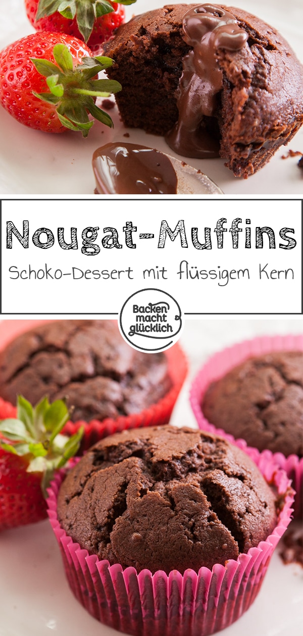 Wunderbar schokoladige Törtchen, die mit Nuss-Nougat-Creme gefüllt sind. Die Nougatmuffins eignen sich mit Eiscreme oder Früchten gut als Dessert.