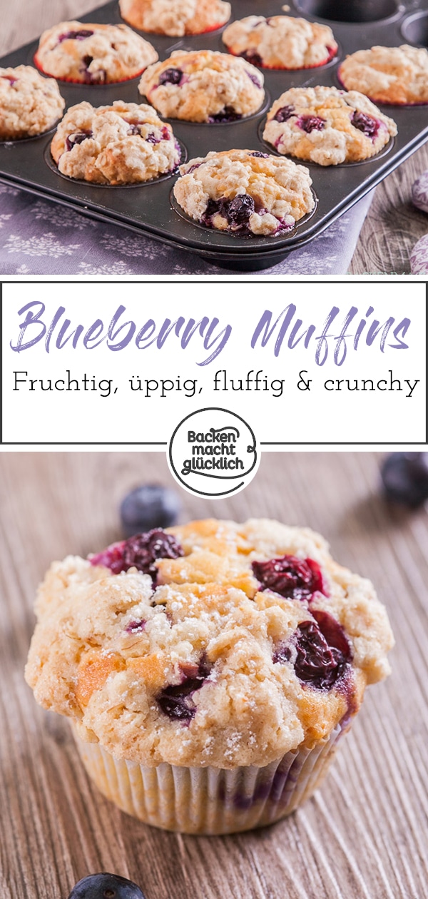 Lust auf fluffige Blaubeer-Muffins mit Streuseln? Diese einfachen Blueberry Muffins mit Buttermilch im Teig und vielen Haferflocken-Streuseln kommen immer gut an!