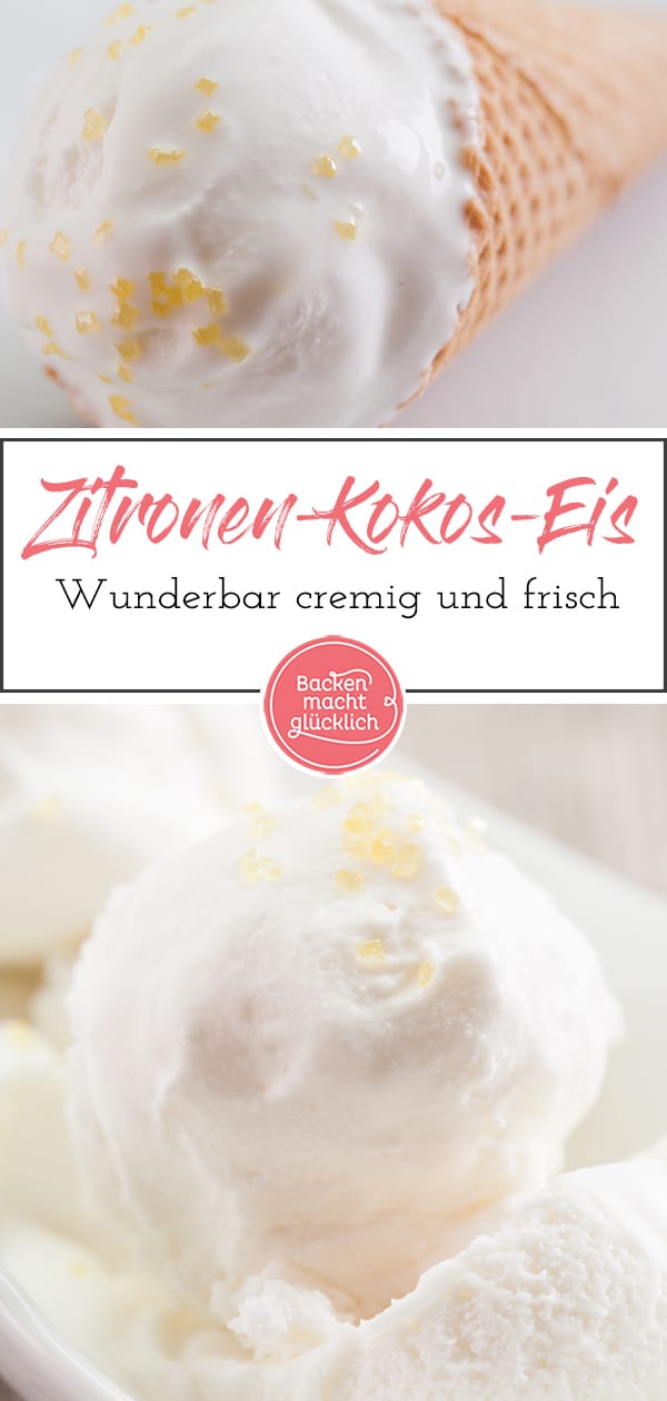 Wunderbar cremiges Zitroneneis, das man sowohl mit als auch ohne Eismaschine zubereiten kann. Das Kokos-Zitroneneis schmeckt frisch zubereitet genauso gut wie erst einige Tage später aus der Tiefkühltruhe