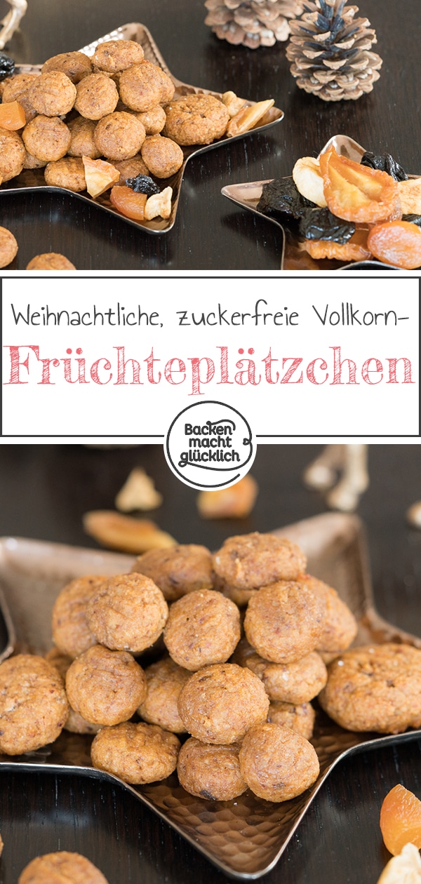 Diese leckeren Vollkornplätzchen ohne Zucker, Butter und Weißmehl schmeckt nicht nur in der Weihnachtszeit. Die Vollkornplätzchen mit Früchten sind schön süß, aromatisch, saftig und weich.