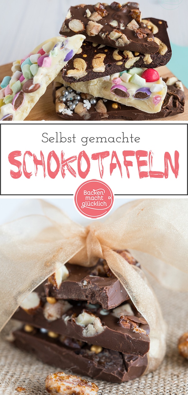 Schokotafeln als schöne Geschenkidee: Mit diesem Grundrezept für selbst gemachte Schokotafeln lassen sich aus einfacher Kuvertüre und leckeren Toppings individuelle Schokogeschenke zusammenstellen.