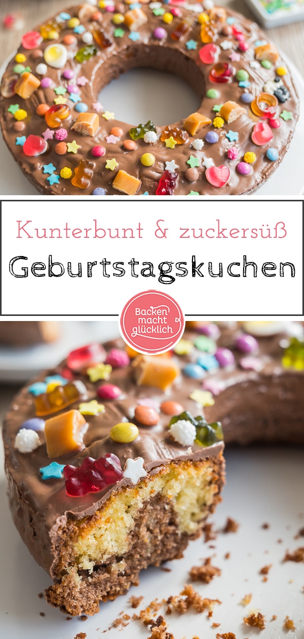 Auf der Suche nach einem tollen Geburtstagskuchen für Kinder? Dieser kunterbunt verzierte Marmorkuchen kommt immer gut an!