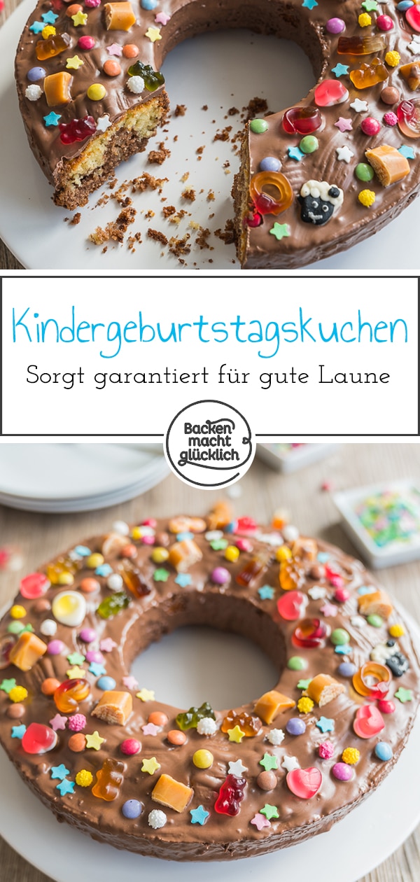 Auf der Suche nach einem tollen Geburtstagskuchen für Kinder? Dieser kunterbunt verzierte Marmorkuchen kommt immer gut an!