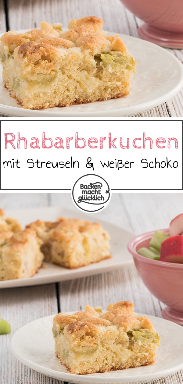 Einfaches Rezept für einen köstlichen Rhabarberkuchen vom Blech: Säuerlicher Rhabarber, mürbe Streusel, saftiger Rührteig und weiße Schokolade. Dieser einfache Blechkuchen ist ein absoluter Frühlingsgenuss! Der Rhabarberkuchen schmeckt auch mit Kirschen und Blaubeeren.