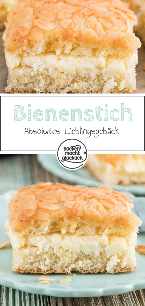 Einer der besten klassischen Blechkuchen: Dieser Bienenstich mit köstlicher Mandelkruste schmeckt einfach genial!