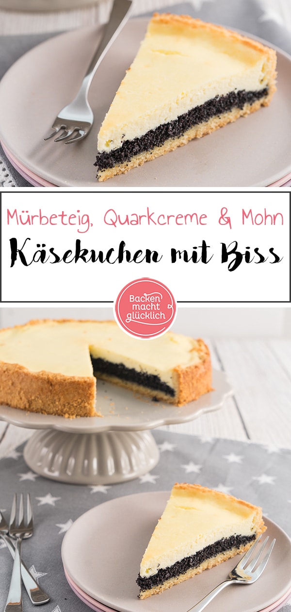 Käsekuchen mit Mohn ist köstlich: Mürber Teig, aromatische Mohnfüllung und cremige Quarkmasse. Dieser Mohn-Käsekuchen kommt auf jeder Kaffeetafel gut an!  Und mit den Tipps im Rezept fällt der Käsekuchen garantiert nicht ein.