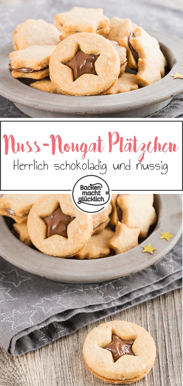 Nuss-Nougat-Plätzchen - mürbe und knusprige Kekse, dazu feines Nougat, das ganze aromatisiert mit etwas Cappuccino. Rein optisch erinnern die Nuss-Nougat-Plätzchen ein wenig an Omas Spitzbuben, der Geschmack geht aber in eine völlig andere Richtung: Richtig schön schokoladig und nussig sind die gefüllten Nougatplätzchen.