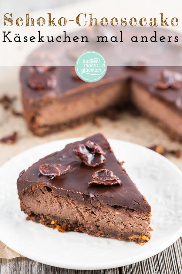 Dieser Chocolate Cheesecake ist köstlich! Der Knusperboden macht den Schokoladen-Käsekuchen so besonders.