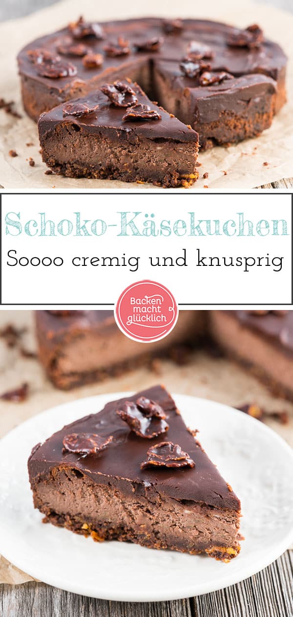 Dieser Chocolate Cheesecake ist köstlich! Der Knusperboden macht den Schokoladen-Käsekuchen so besonders.