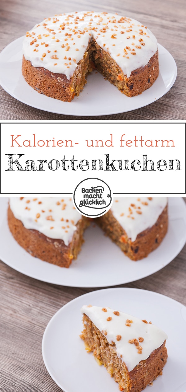 Sehr saftiger, fettarmer Rüblikuchen ohne Nüsse - so lecker kann ein kalorienarmer und zuckerfreier Möhrenkuchen sein!