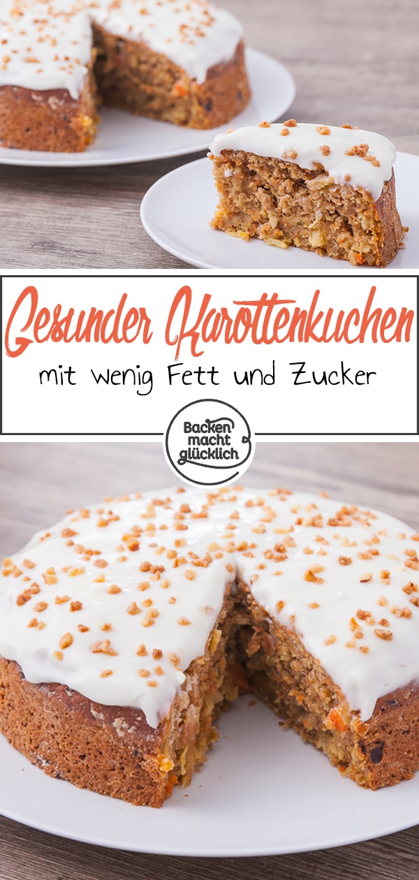 Sehr saftiger, fettarmer Rüblikuchen ohne Nüsse - so lecker kann ein kalorienarmer und zuckerfreier Möhrenkuchen sein!