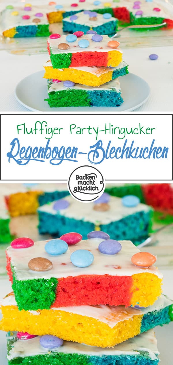 Dieser einfache Regenbogenkuchen aus Rührteig (Papageienkuchen) ist ein echter Hingucker: Kunterbunt und so lecker!