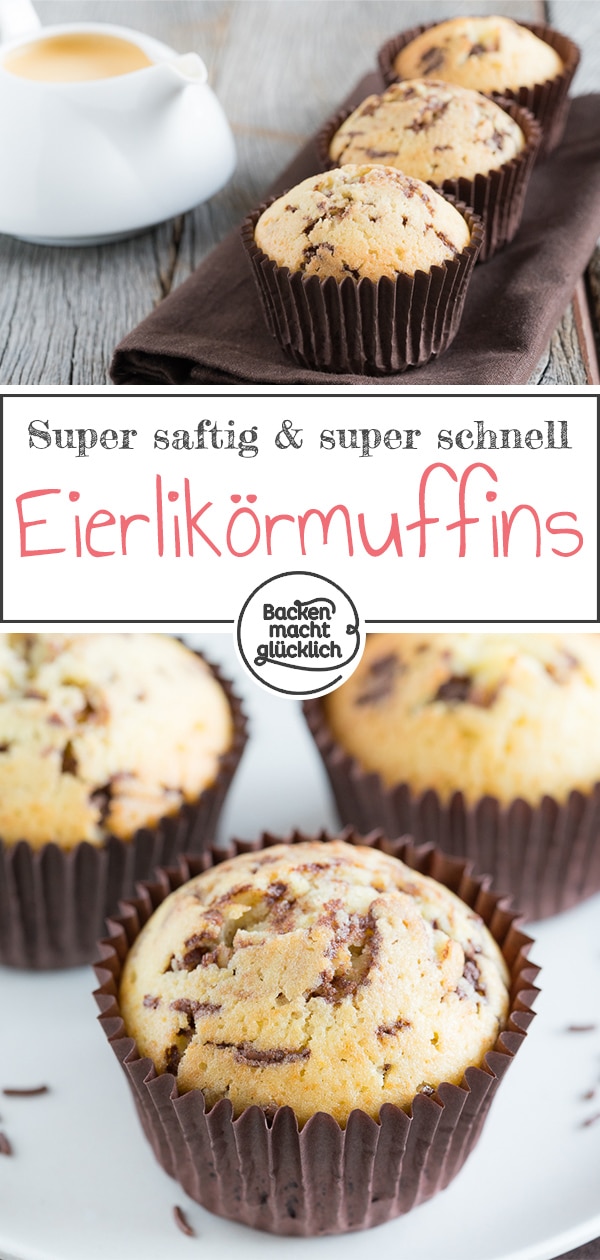 Diese Eierlikörmuffins sind supersaftig, flaumig und locker. Die Eierlikörmuffins mit Schokolade sind eine Wucht. Da schmeckt sogar mir Eierlikör. Außerdem sind die Muffins in nur 5 Minuten zusammen gerührt.