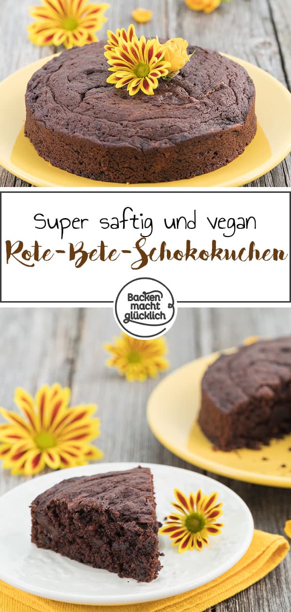 Superschokoladig und supersaftig: Dieser vegane Rote Bete Kuchen schmeckt einfach genial! Dass Gemüse im Schokoladenkuchen mit Roter Bete steckt, schmeckt man überhaupt nicht heraus.Das Rezept klappt auch glutenfrei bzw. ohne Zucker.