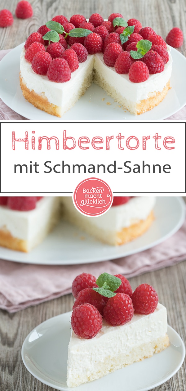 Diese Himbeertorte mit Schmand und Sahne ist wirklich supereinfach, cremig und ein richtig fruchtiger Sommer-Hit. Außerhalb der Saison schmeckt die Himbeer-Obsttorte auch mit TK-Beeren. #sommer #himbeeren #himbeertorte #backenmachtglücklich