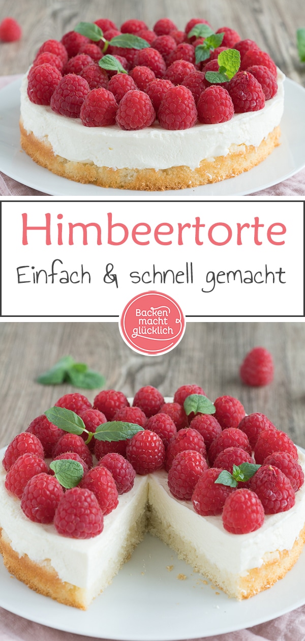 Diese Himbeertorte mit Schmand und Sahne ist wirklich supereinfach, cremig und ein richtig fruchtiger Sommer-Hit. Außerhalb der Saison schmeckt die Himbeer-Obsttorte auch mit TK-Beeren. #sommer #himbeeren #himbeertorte #backenmachtglücklich