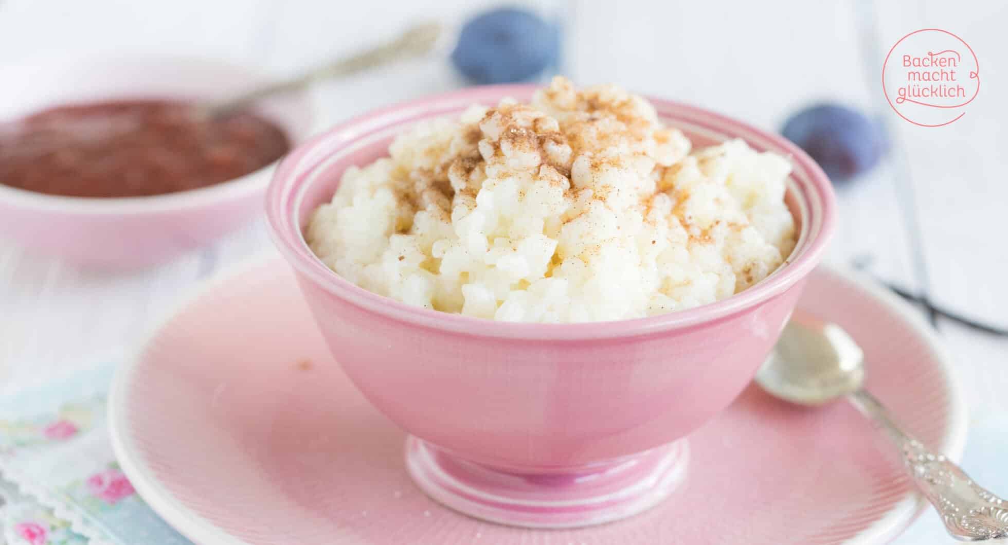 A delicious bowl of milchreis rice pudding topped with berries.