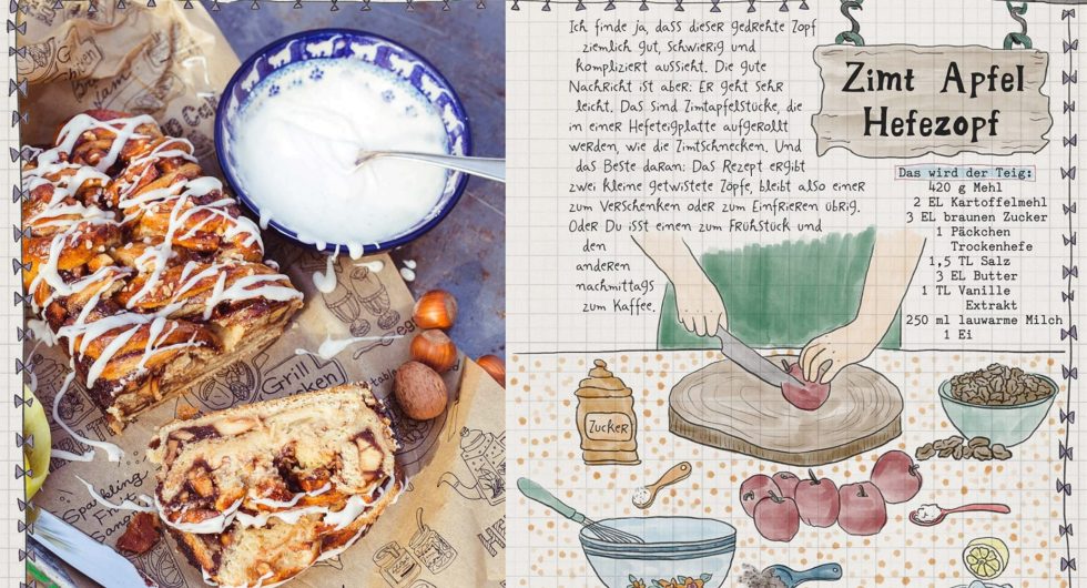 Aufgeschnittener Zimt-Apfel-Hefezopf mit Zuckerguss neben Rezeptseite mit Zubereitungsillustration