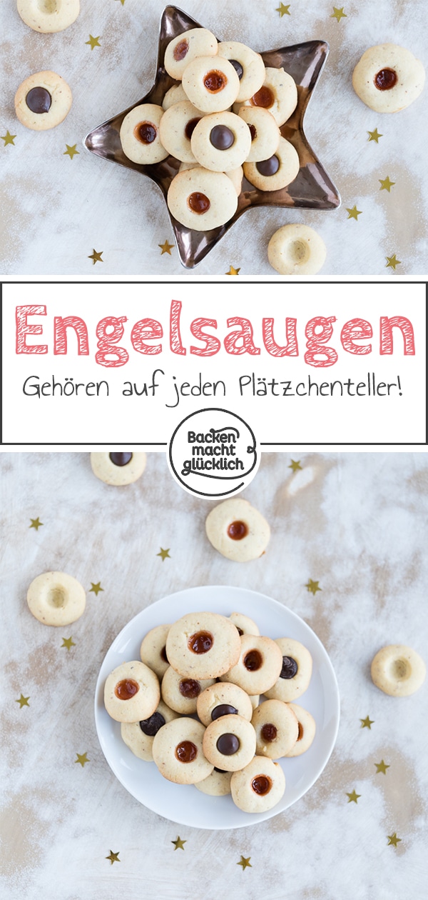 Die Engelsaugen gefüllt mit Marmelade oder Schokolade gelingen selbst Anfängern auf Anhieb! Der Teig für die Engelsaugen wird mit leckeren Mandeln verfeinert.