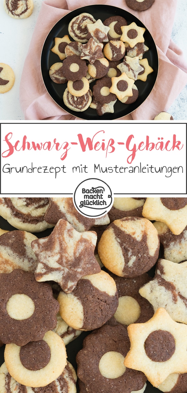 Einfaches Rezept für herrlich mürbe Schwarz-Weiß-Plätchen. Mit Muster-Anleitung für die beliebtesten Varianten.