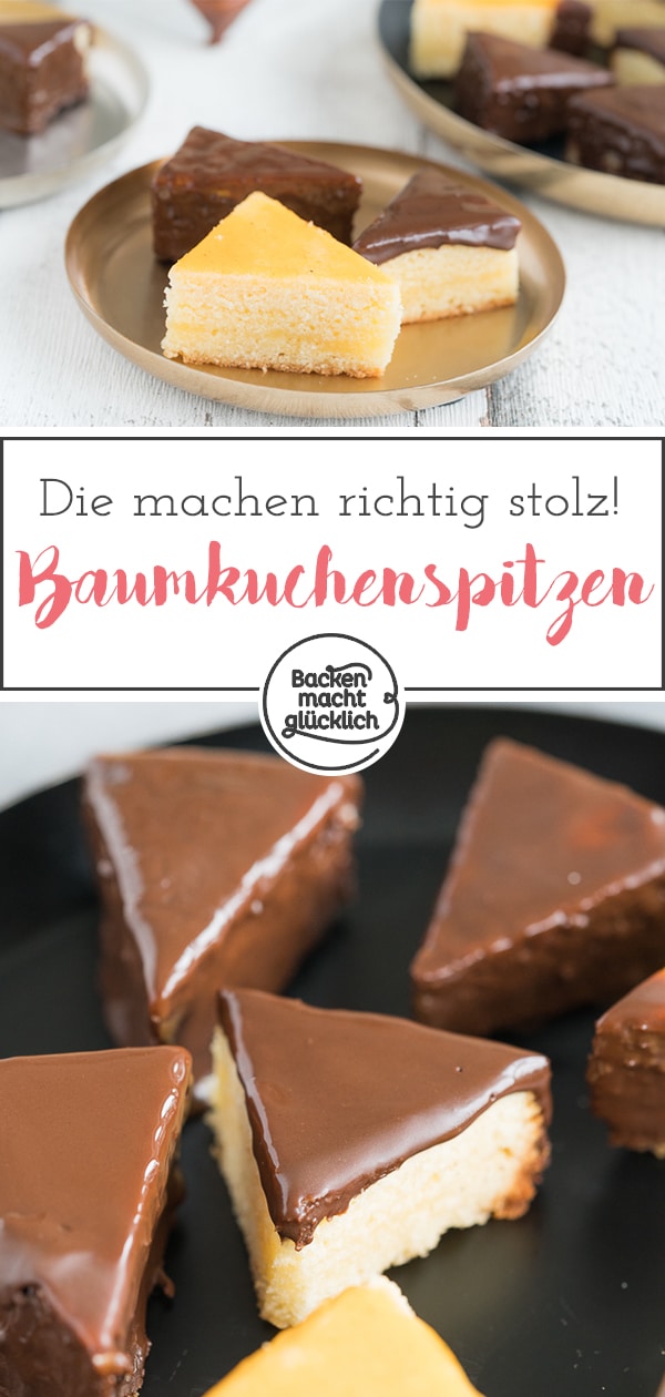 Baumkuchen ist ein köstlicher, wenn auch etwas aufwändiger Klassiker. Diese feinen Baumkuchenspitzen ohne Alkohol und Marzipan zergehen auf der Zunge - und die selbstgemachten Baumkuchenspitzen sehen noch dazu hübsch aus.