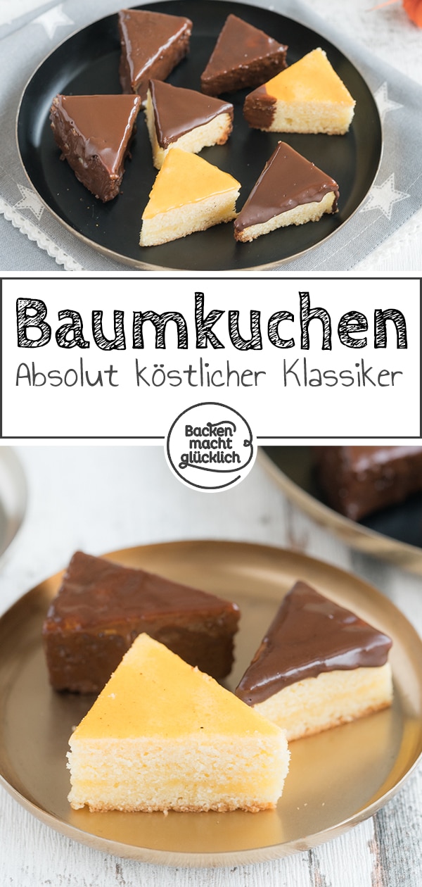 Baumkuchen ist ein köstlicher, wenn auch etwas aufwändiger Klassiker. Diese feinen Baumkuchenspitzen ohne Alkohol und Marzipan zergehen auf der Zunge - und die selbstgemachten Baumkuchenspitzen sehen noch dazu hübsch aus.