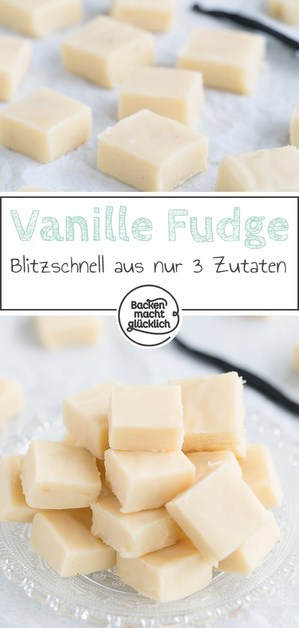 Vanille-Fudge lässt sich 3 Zutaten in nur 5 Minuten selbermachen. Ein tolles, leckeres Last-Minute-Geschenk