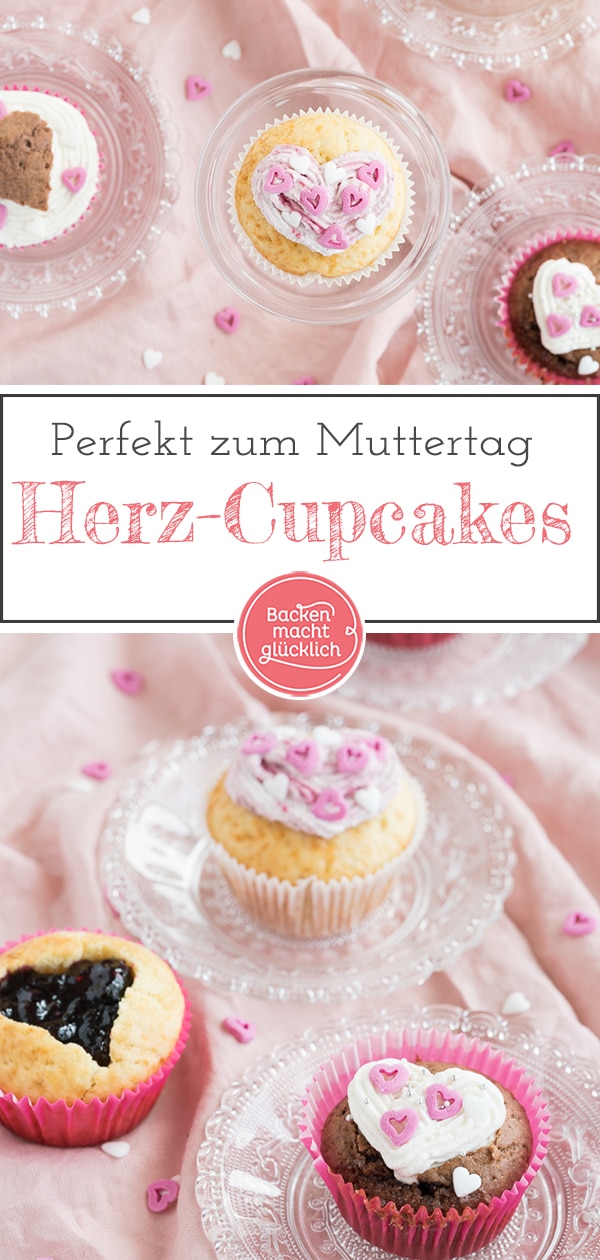 Tolles Grundrezept für köstliche Muffins mit Herz. Die Herz-Cupcakes eignen sich super um der Mama zum Muttertag eine Freude zu machen: Einfache und schnelle Muttertags-Cupcakes!