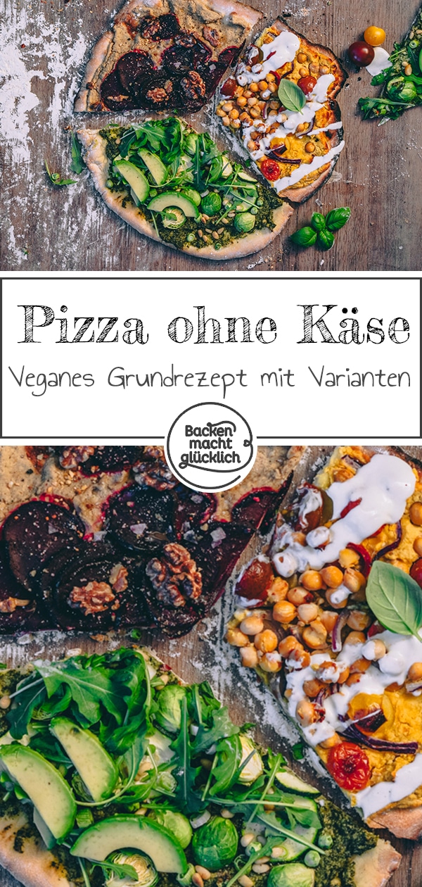 Einfaches Grundrezept für vegane Dinkel-Pizza ohne Käse - eine tolle Alternative zum Klassiker! Mit 3 köstlichen Varianten, wie man Pizza vegan belegen kann: Avocado-Pizza, Hummus-Pizza, Linsen-Pizza.