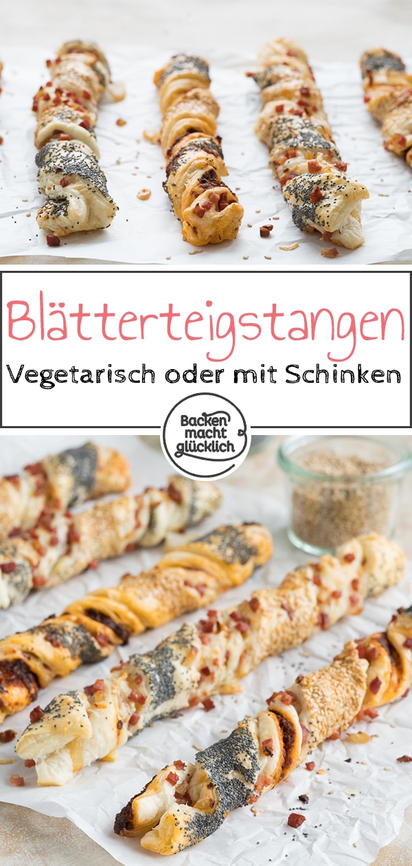 Mit den herzhaften Käse-Blätterteigstangen seid ihr für die nächste Party gerüstet! Die Knusperstangen mit Käse sind sowohl optisch als auch geschmacklich der Hit. #snack #blätterteig #käsestange #schinkenkäse #knusprig #herzhaft #backenmachtglücklich