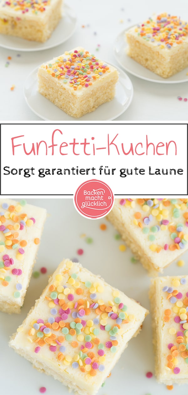 Dieser schnelle Konfetti-Kuchen ist ein echter Hingucker für Kindergeburtstage oder Fasching. Der einfache Limokuchen schmeckt mit Zuckerguss oder opulentem Frosting. Wer mag, kann zusätzlich Zuckerstreusel in den Teig des Funfettikuchens geben. Mit buntem Konfetti ist der Limokuchen der perfekte Faschingskuchen bzw Karnevalskuchen