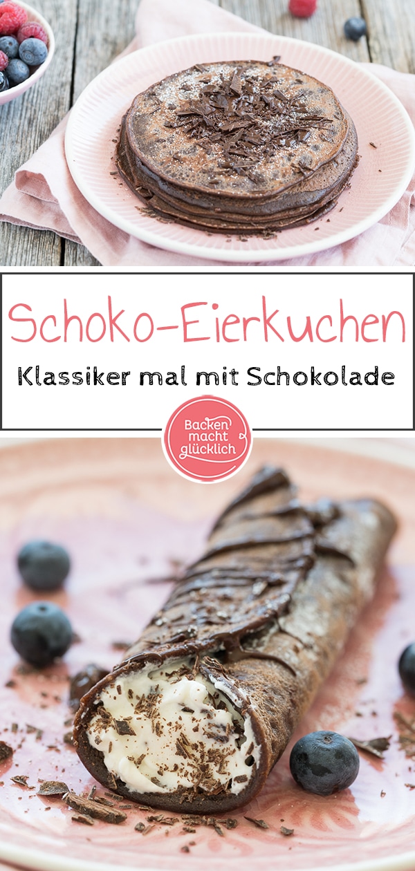 Diese Pfannkuchen mit Schokolade schmecken pur, als Torte, mit Bananen oder Nutella. Ein Hit für die ganze Familie!