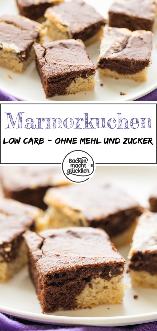 Dieser Low Carb Marmorkuchen ohne Zucker und Mehl zeigt mal wieder, dass süßes Gebäck nicht zwangsläufig voller Kohlenhydrate stecken muss. Mein Rezept für den zuckerfreien Marmorkuchen ist auch für Diabetiker und Menschen mit Glutenintoleranz geeignet. So wie natürlich für jeden, der testen mag, wie Low Carb Marmorkuchen schmeckt.