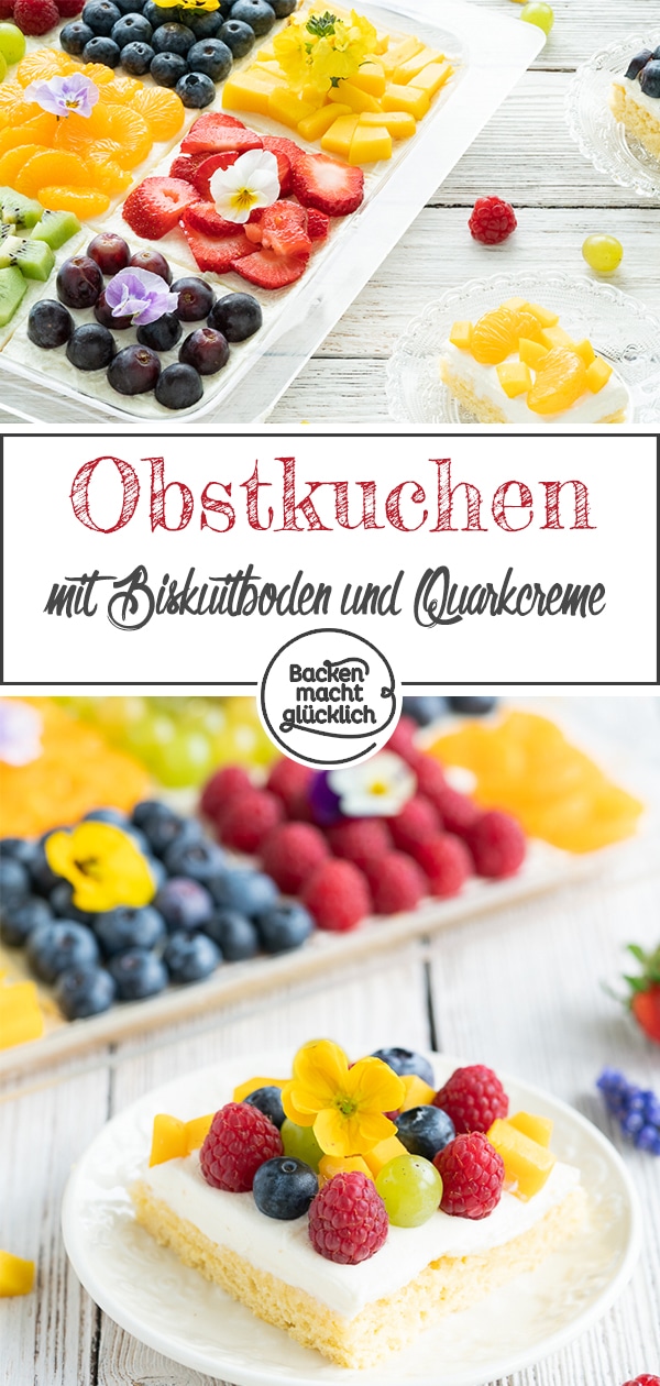 Obstkuchenboden aus luftigem Biskuit, frische Quarkcreme und viele Früchte: Dieser bunte Obstkuchen vom Blech ist ein köstlicher Hingucker! Je nach Belege-Technik bekommt jeder seinen eigenen Biskuit-Obstkuchen.