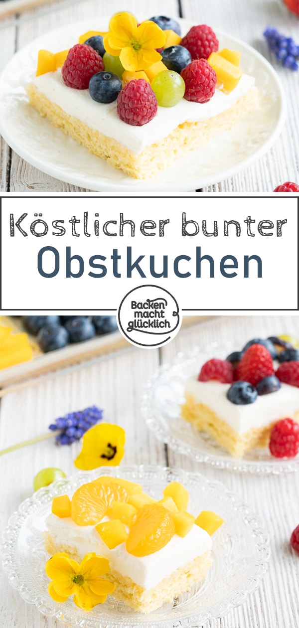 Obstkuchenboden aus luftigem Biskuit, frische Quarkcreme und viele Früchte: Dieser bunte Obstkuchen vom Blech ist ein köstlicher Hingucker! Je nach Belege-Technik bekommt jeder seinen eigenen Biskuit-Obstkuchen.