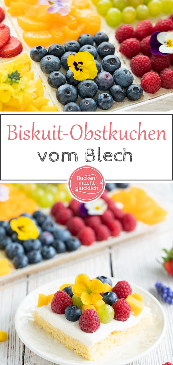 Obstkuchenboden aus luftigem Biskuit, frische Quarkcreme und viele Früchte: Dieser bunte Obstkuchen vom Blech ist ein köstlicher Hingucker! Je nach Belege-Technik bekommt jeder seinen eigenen Biskuit-Obstkuchen.