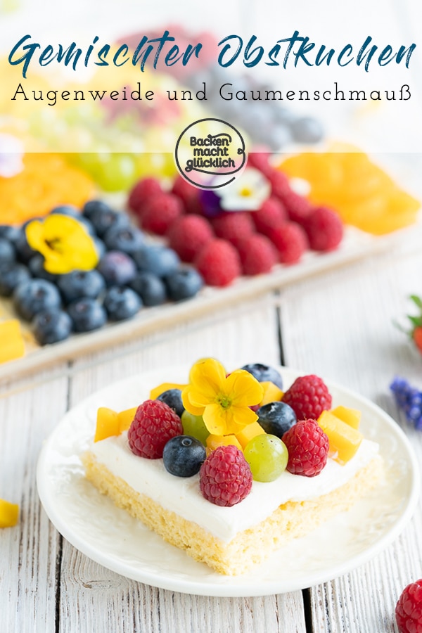 Obstkuchenboden aus luftigem Biskuit, frische Quarkcreme und viele Früchte: Dieser bunte Obstkuchen vom Blech ist ein köstlicher Hingucker! Je nach Belege-Technik bekommt jeder seinen eigenen Biskuit-Obstkuchen.