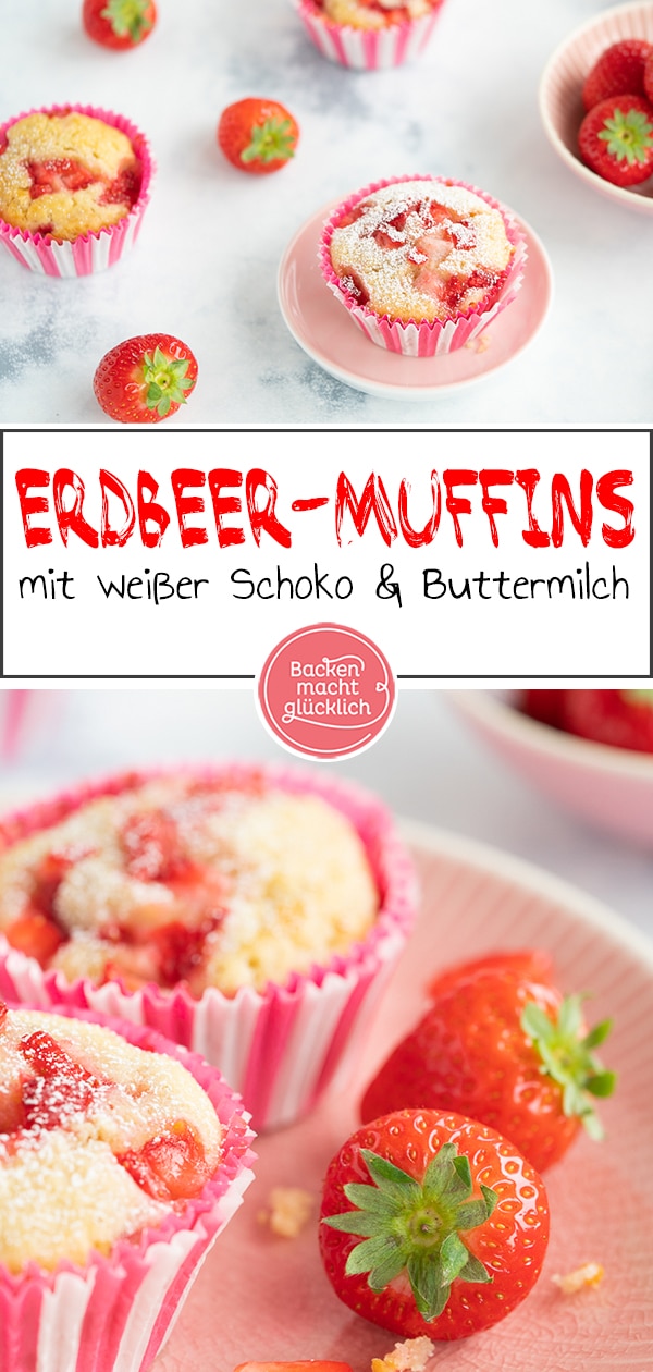 Köstliche, einfache Erdbeermuffins mit weißer Schokolade und Buttermilch. Super saftig und blitzschnell gemacht!