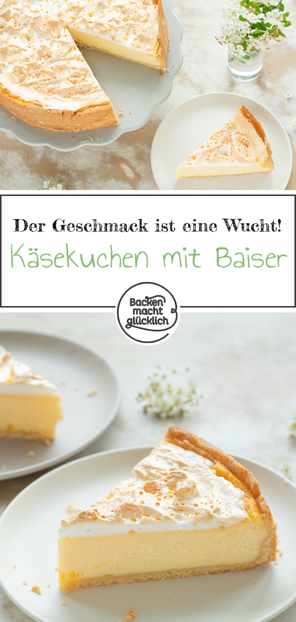 So ein Käsekuchen mit Baiserhaube vereint quasi das Beste aus mehreren Genuss-Welten in sich. Die Quarkkuchen-Masse des Käsekuchen ist super cremig; der Knetteig herrlich mürbe und knusprig. Und der Baiser-Käsekuchen sieht einfach klasse aus: Wegen der glitzernden Goldtröpfchen wird er auch Tränchenkuchen genannt.