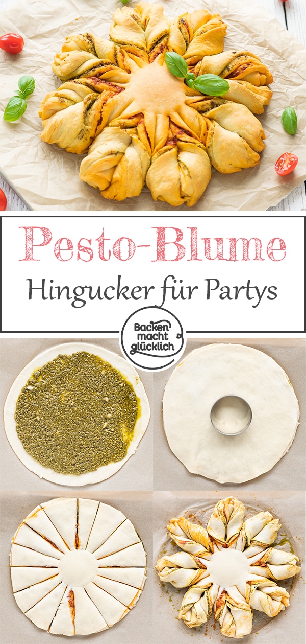 Diese köstliche Pesto-Blume mit Pizzateig ist ein echter Hingucker. Perfekt für Partys und als Grillbeilage!