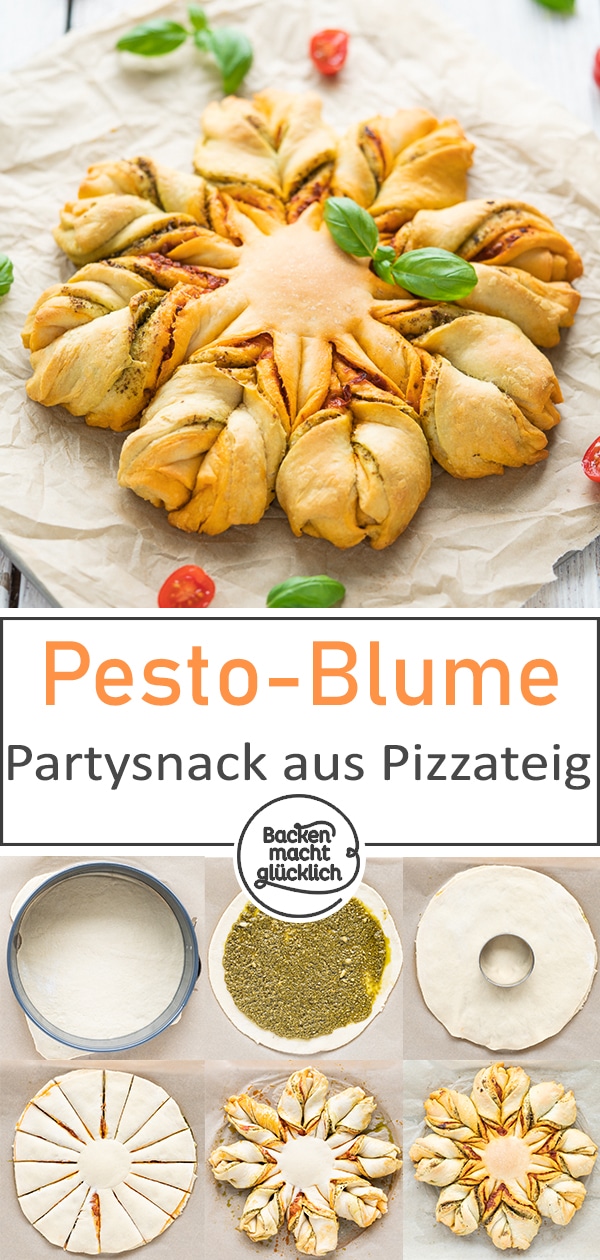 Diese köstliche Pesto-Blume mit Pizzateig ist ein echter Hingucker. Perfekt für Partys und als Grillbeilage!