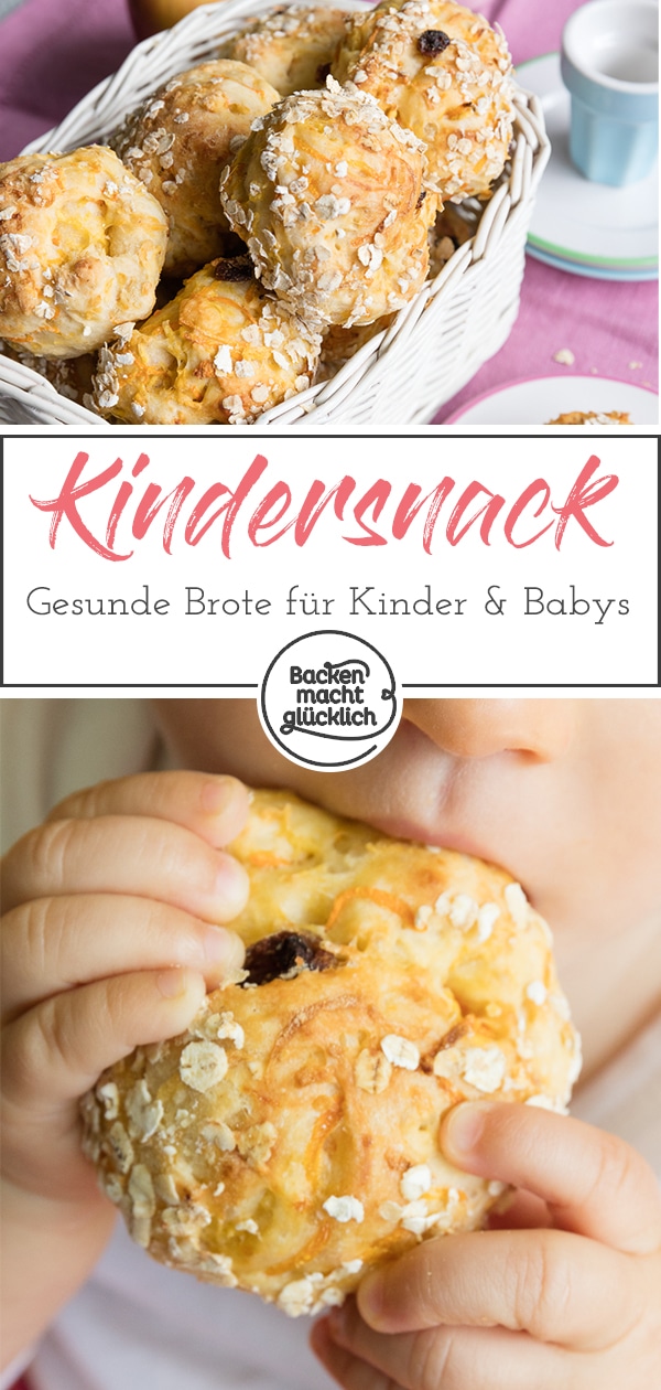 Diese Babybrötchen sind ein schneller gesunder Kindersnack zum Mitnehmen für Babys und Kleinkinder. Die Kinderbrote haben eine weiche Kruste und stecken voll gesunder Sachen.