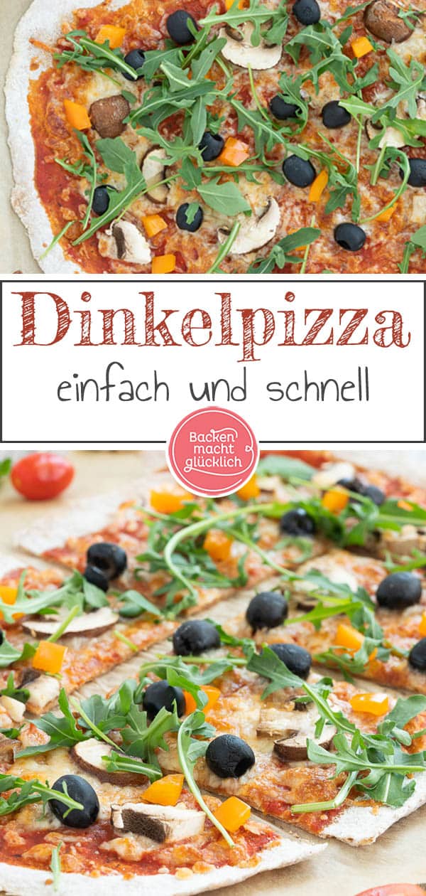 Ein einfaches Grundrezept für eine knusprige Vollkorn-Pizza vom Blech oder vom Pizzastein. Die gesunde Dinkelpizza lässt sich nach Belieben belegen und schmeckt auf jeden Fall der ganzen Familie. #pizza #vollkornpizza  #pizzateig #trockenhefe #dinkelpizza #backenmachtglücklich