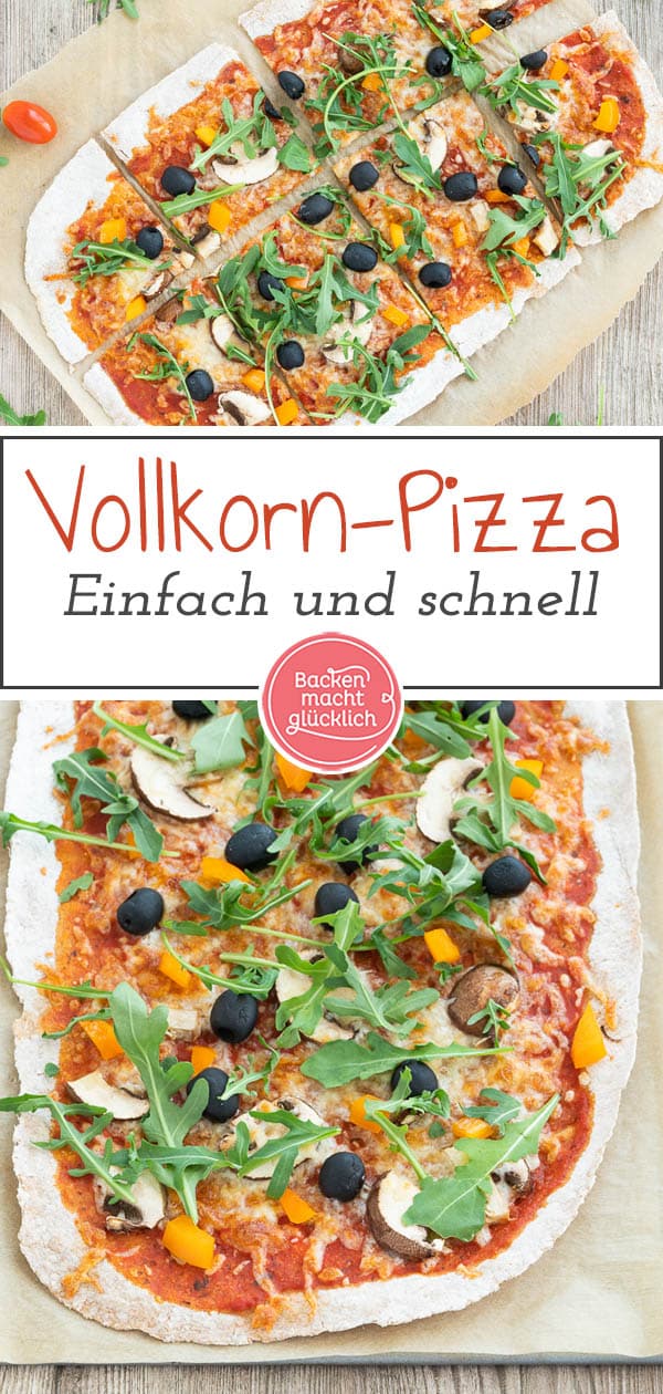 Ein einfaches Grundrezept für eine knusprige Vollkorn-Pizza vom Blech oder vom Pizzastein. Die gesunde Dinkelpizza lässt sich nach Belieben belegen und schmeckt auf jeden Fall der ganzen Familie. #pizza #vollkornpizza  #pizzateig #trockenhefe #dinkelpizza #backenmachtglücklich