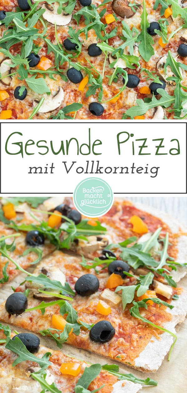 Ein einfaches Grundrezept für eine knusprige Vollkorn-Pizza vom Blech oder vom Pizzastein. Die gesunde Dinkelpizza lässt sich nach Belieben belegen und schmeckt auf jeden Fall der ganzen Familie. #pizza #vollkornpizza  #pizzateig #trockenhefe #dinkelpizza #backenmachtglücklich