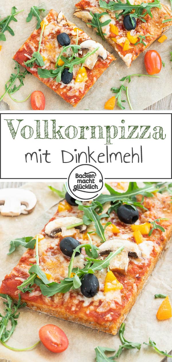 Ein einfaches Grundrezept für eine knusprige Vollkorn-Pizza vom Blech oder vom Pizzastein. Die gesunde Dinkelpizza lässt sich nach Belieben belegen und schmeckt auf jeden Fall der ganzen Familie. #pizza #vollkornpizza  #pizzateig #trockenhefe #dinkelpizza #backenmachtglücklich